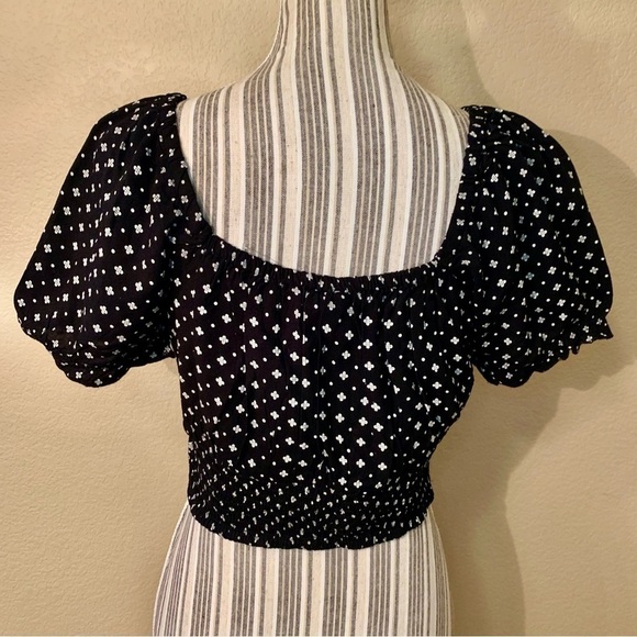 NEW Crop Top Large Japna Black White Pattern Puff Sleeve V-Neck V-Hem Boho Cute - Picture 8 of 14